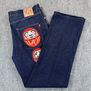 Evisu Genes Mens 40 Dark Wash Jeans Seagull Daruma Doll Straight Fit Wide Leg